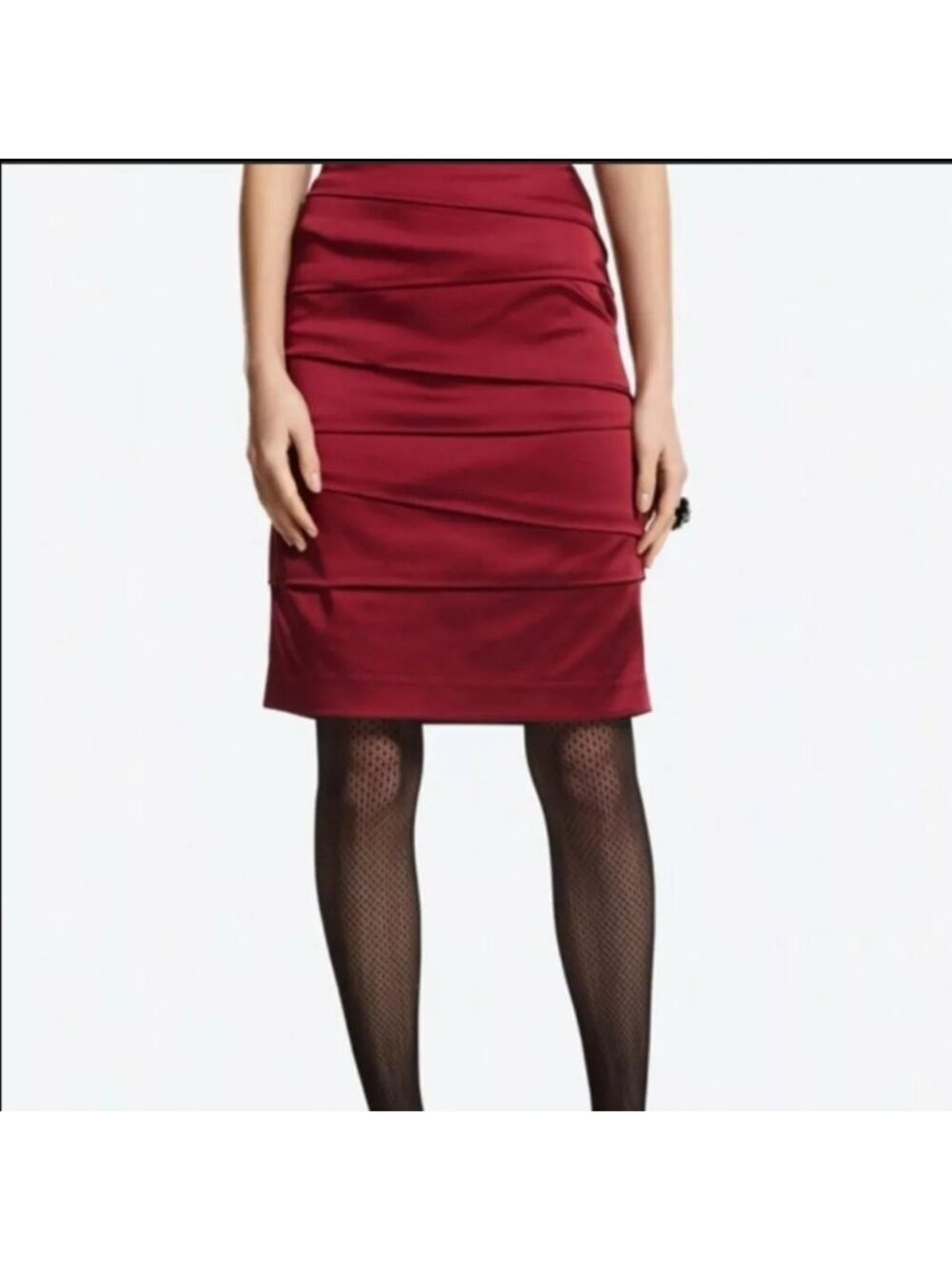 Women 8 Burgundy Satin Like Pencil Skirt Tiered Horizontal Ruched Panel NWT